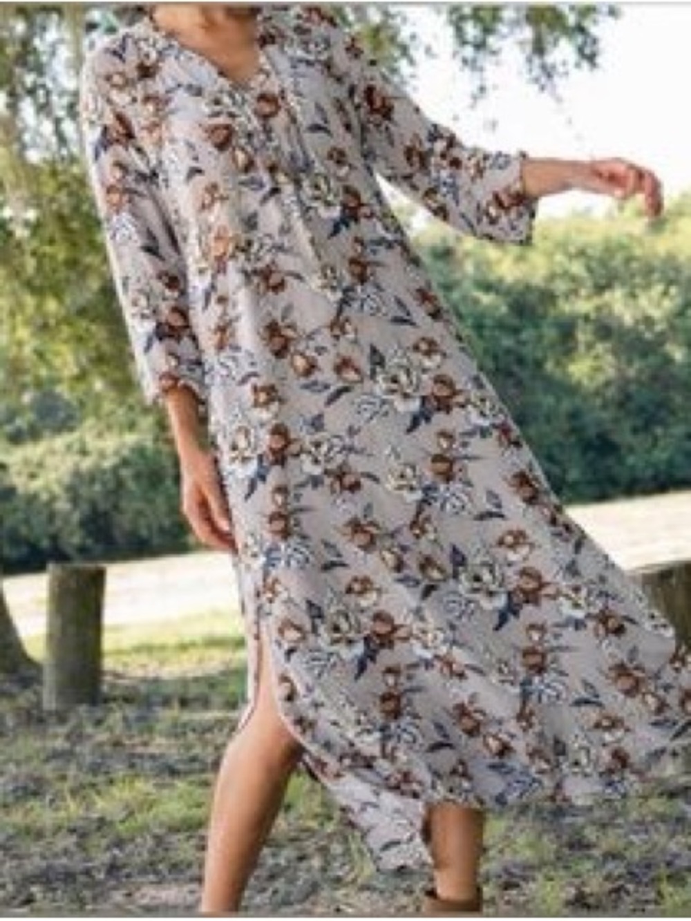 NWT NATURAL LIFE Beige Floral Maxi Dress with Brown and Blue Accents